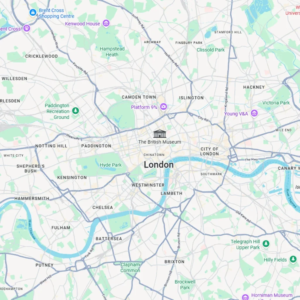 Map showing London with Kensington, Chelsea, Fulham and neighbouring boroughs highlighted for location reference