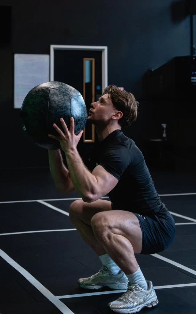 Personal training session with client lifting a weighted ball in a gym.